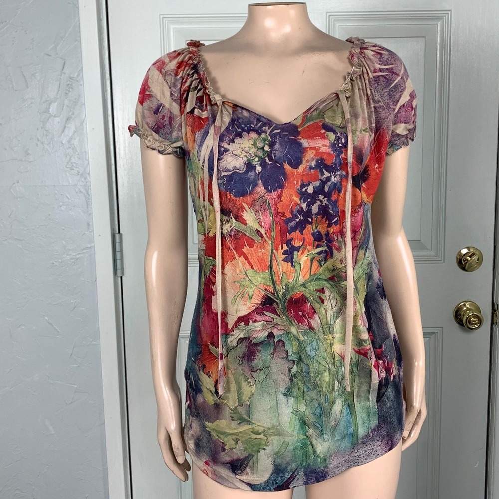 Vintage y2K Jessica Max Shirt Medium Cotton Baby Tee V-neck T-shirt Floral M3-26